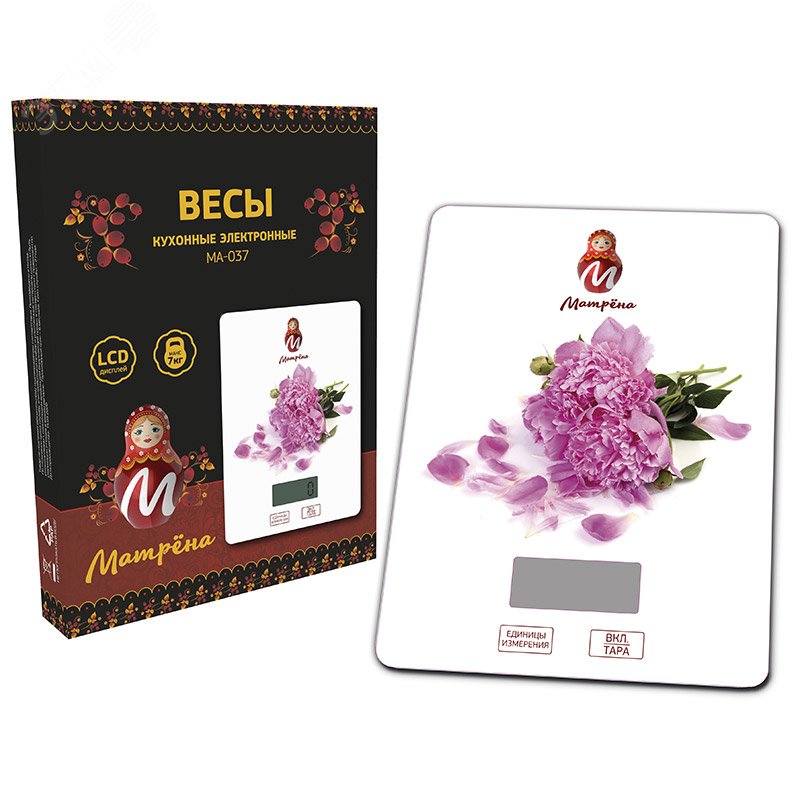 Весы кухонные электронные МА-037 до 7 кг, рисунок ''Пионы''