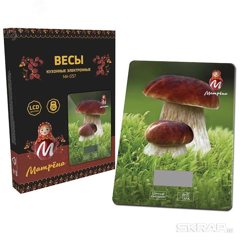 Весы кухонные электронные МА-037 до 7 кг, рисунок ''Грибы''