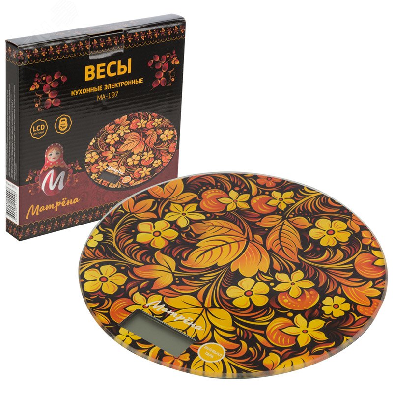 Весы кухонные электронные МА-197 до 7 кг, рисунок ''Хохлома''