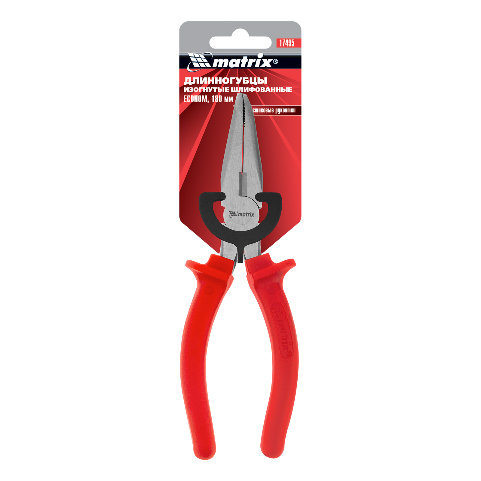 Длинногубцы изогнутые Econom, 180 мм, шлифованные, пластмассовые рукоятки Matrix