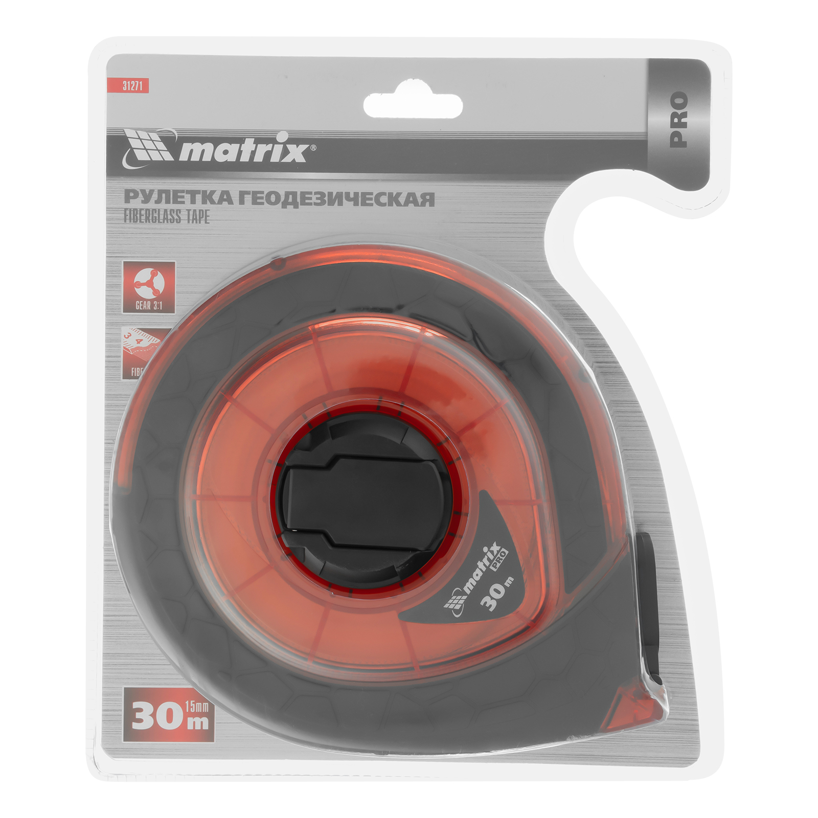 Рулетка геодезическая 30 м х 15 мм, закрытый корпус, фибергласовая лента, двусторонняя шкала, Pro Matrix
