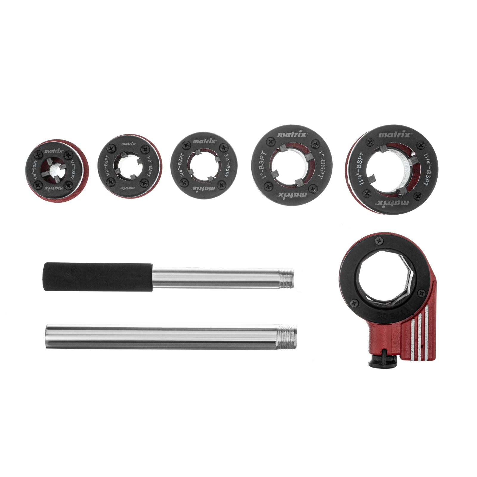 Набор клуппов 1/4-1/2-3/4-1-1.25"+ плашкодержатель с трещоткой, 8 предметов Matrix