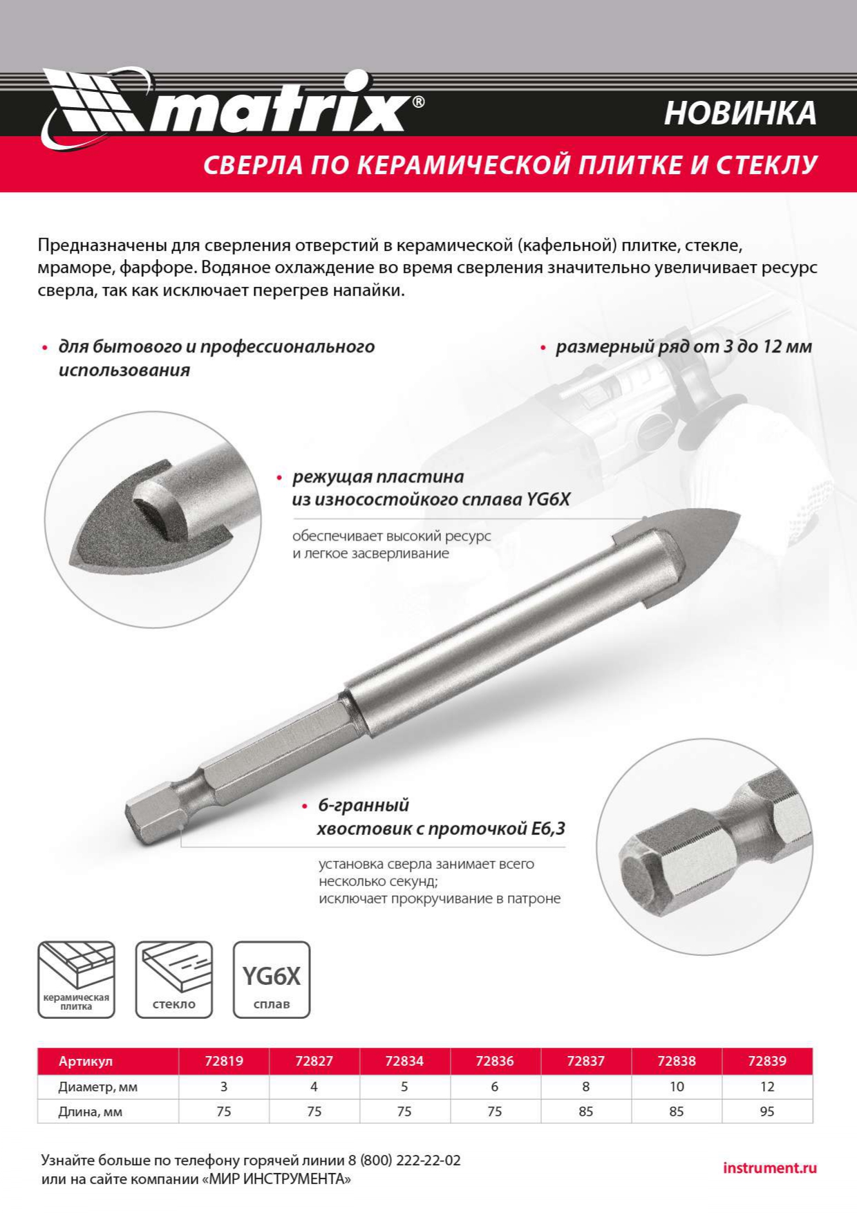 Сверло по керамической плитке и стеклу, 8 мм, шестигранный хвостовик Matrix