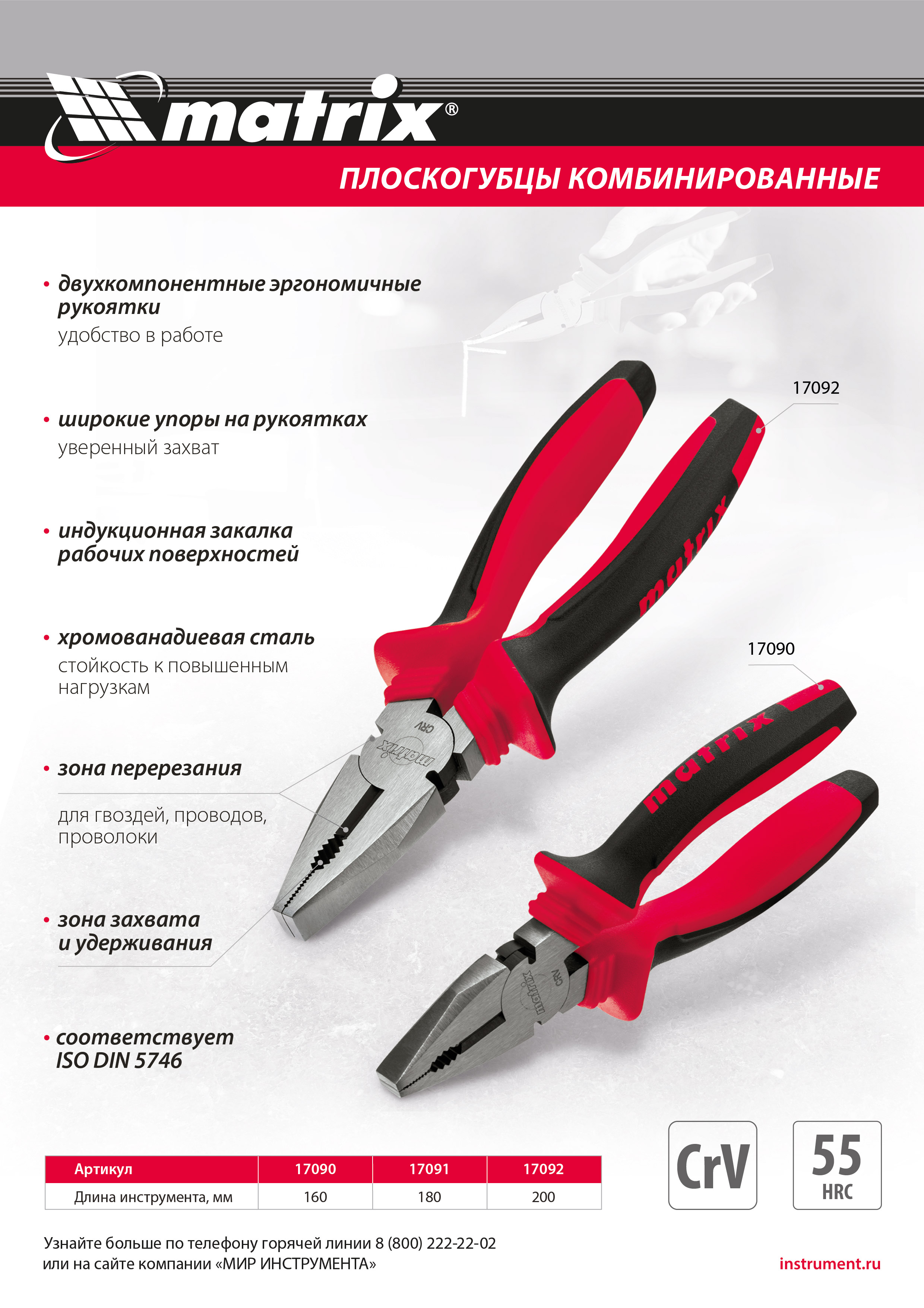 Плоскогубцы комбинированные, 160 мм, хром-ванадий, двухкомпонентные рукоятки Matrix