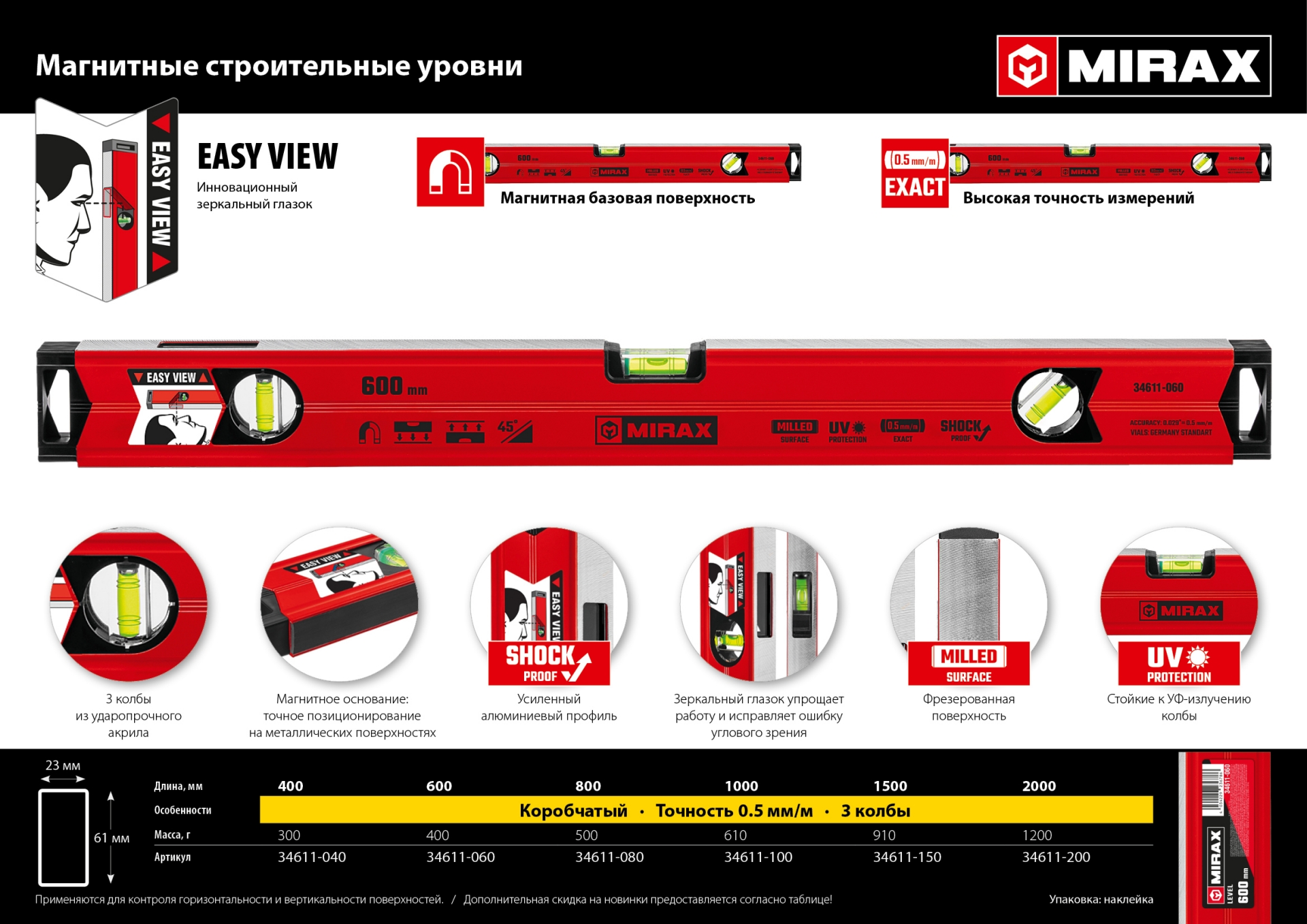 MIRAX 1000 мм, с зеркальным глазком, магнитный уровень (34611-100)