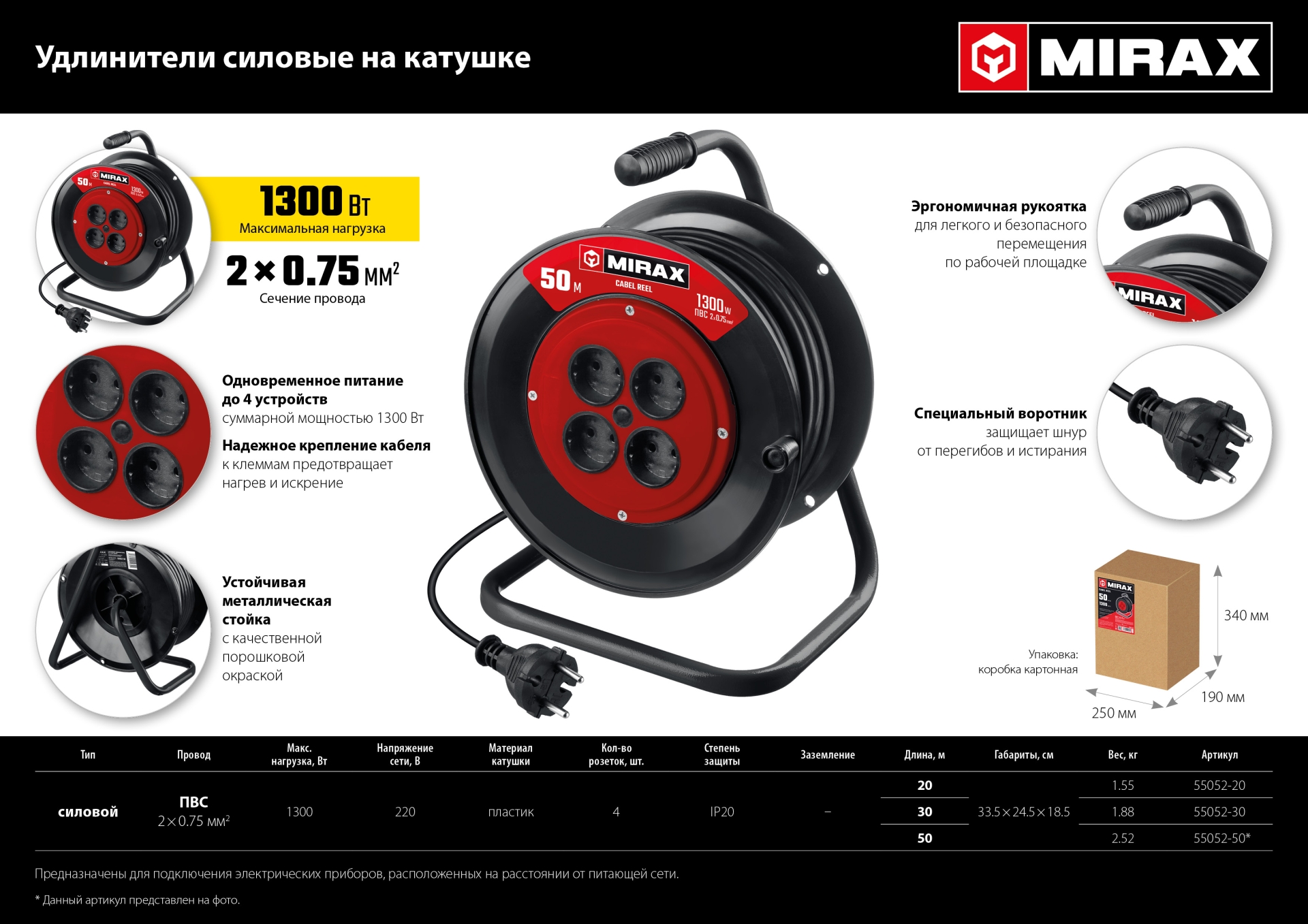 MIRAX ПВС, 2 х 0.75 мм2, 20 м, 1300 Вт, удлинитель на катушке (55052-20)