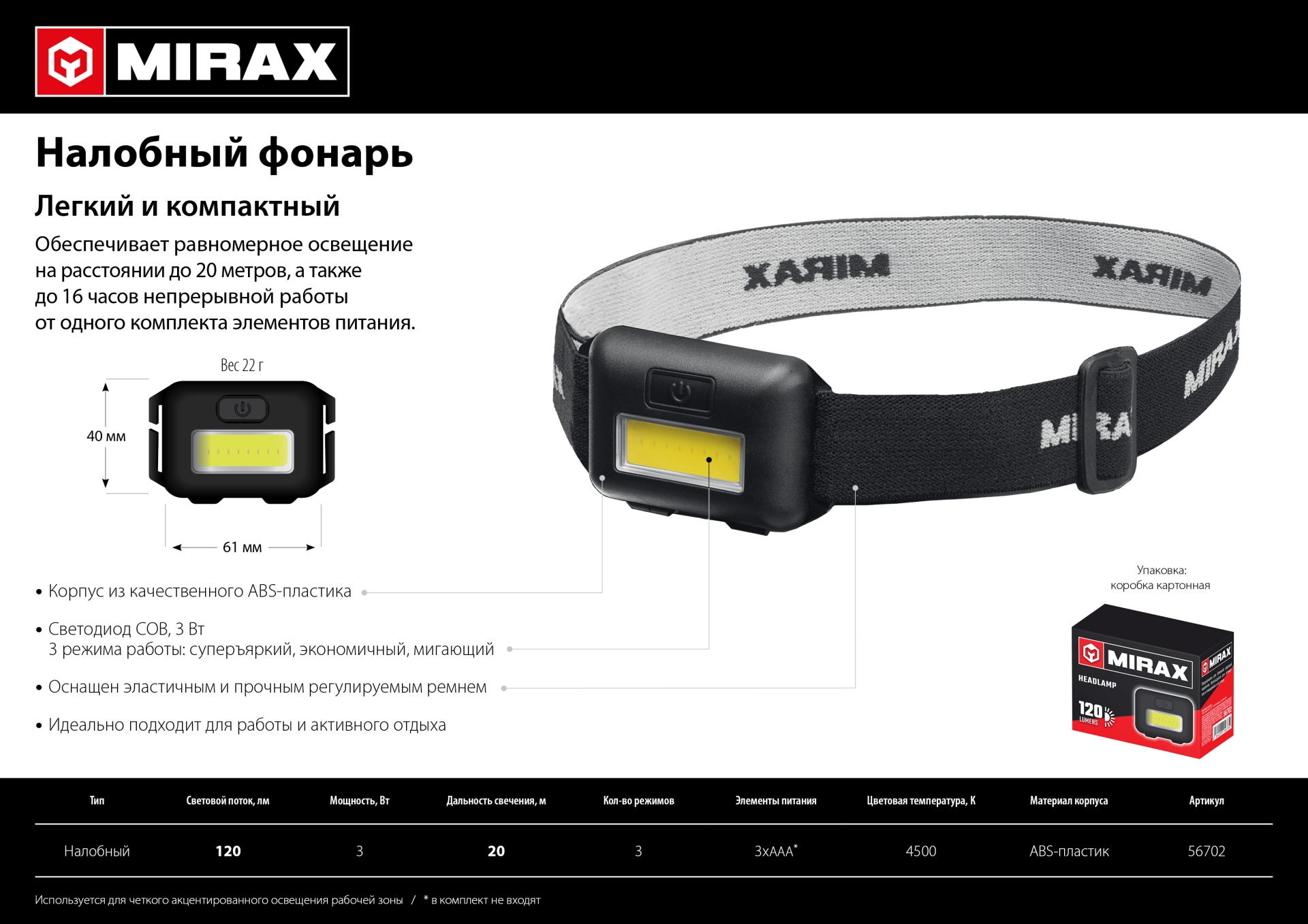 MIRAX 120 лм, 3 режима, налобный фонарь, 3ААА (56702)