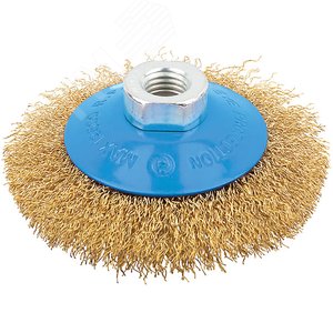 Кордщетка, тип ''колесо'' с наклоном, гайка М14, стальная волнистая латунированная проволока 100 мм