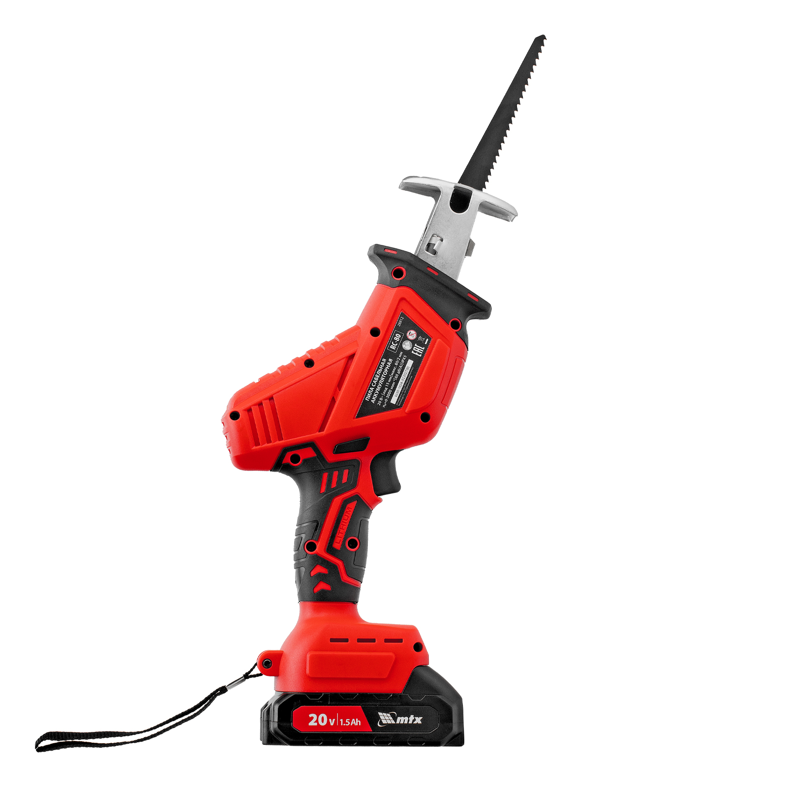 Пила сабельная аккумуляторная RС-80, Li-Ion, 20 В MTX