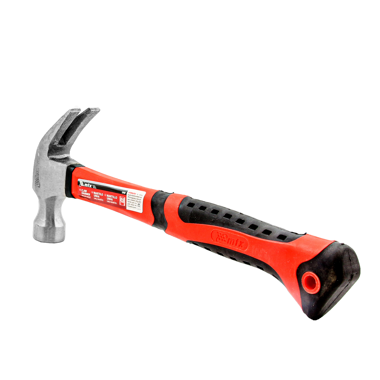 Молоток-гвоздодер, 450 г, боек c магнитом, фибергласовая обрезиненная рукоятка// MTX
