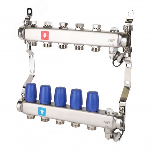 Коллекторная группа с ручными регулировочными клапанами 1' х 5 выходов 3/4' НР евроконус с дренажным краном и воздухоотводчиком