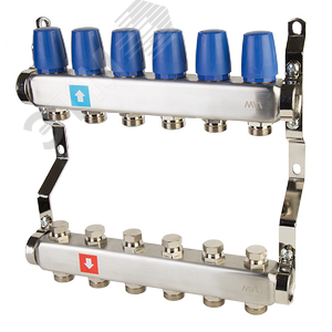 Коллекторная группа с ручными регулировочными клапанами 1' х 6 выходов 3/4' НР евроконус
