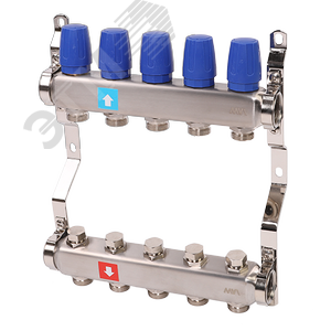 Коллекторная группа с ручными регулировочными клапанами 1' х 5 выходов 3/4' НР евроконус