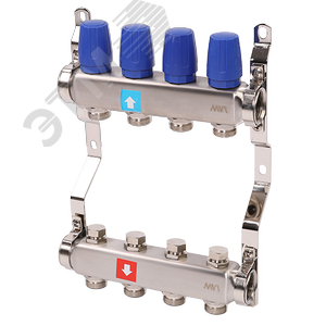 Коллекторная группа с ручными регулировочными клапанами 1' х 4 выхода 3/4' НР евроконус