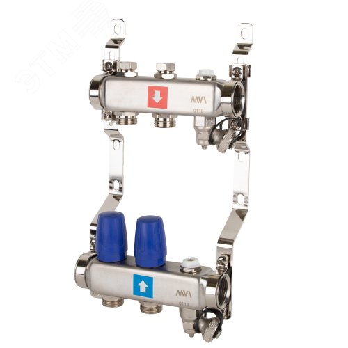 Коллекторная группа с ручными регулировочными клапанами 1' х 2 выхода 3/4' НР евроконус с дренажным краном и воздухоотводчиком