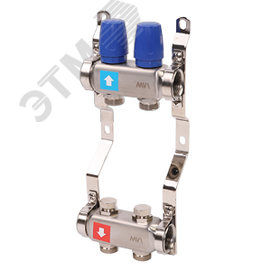 Коллекторная группа с ручными регулировочными клапанами 1' х 2 выхода 3/4' НР евроконус