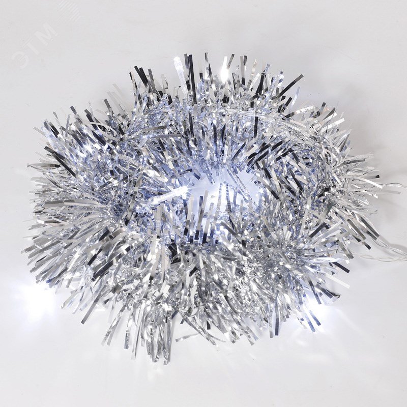 Гирлянда светодиодная Мишура серебряная 10 LED 1,5 м, прозрачный ПВХ, белый свет свечение, 2 х АА (батарейки не в комплекте)