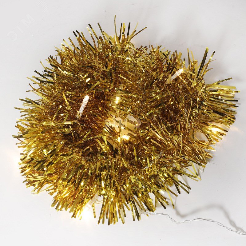 Гирлянда светодиодная Мишура золотая 10 LED, 1,5 м, прозрачный ПВХ, теплое белое свечение, 2 х АА (батарейки не в комплекте)