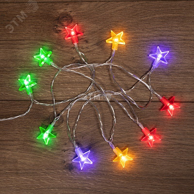 Гирлянда светодиодная Звездочки 1,5 м, 10 LED, прозрачный ПВХ, свечение мультиколор, 2 х АА (батарейки не в комплекте)