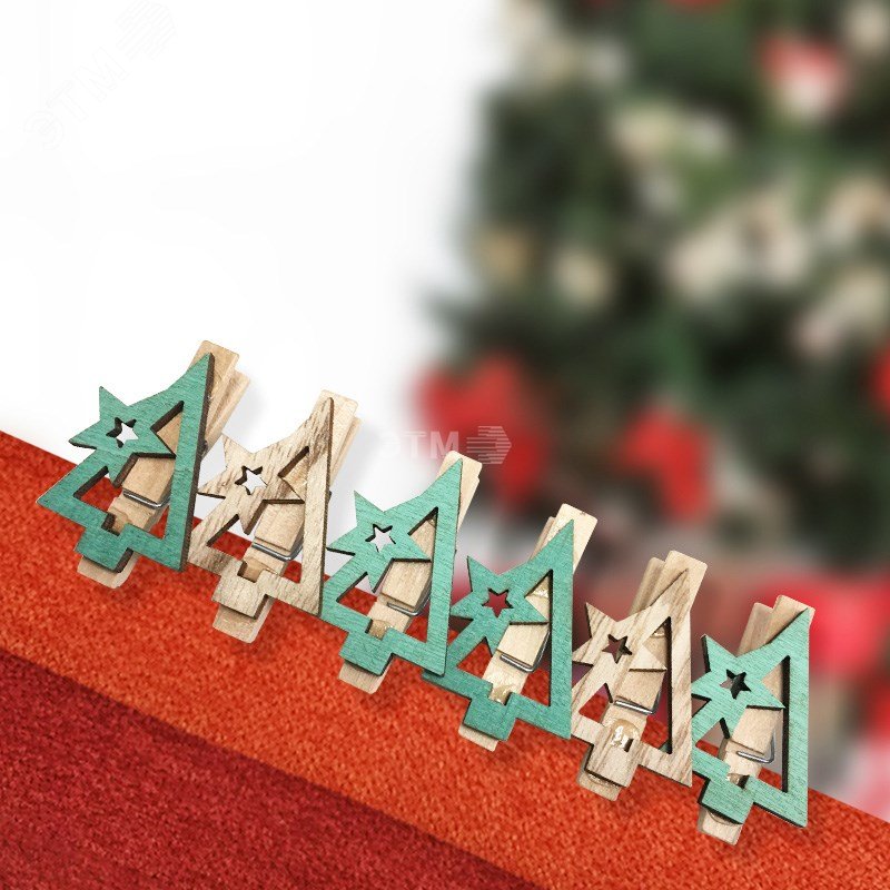 Прищепки деревянные новогодняя Ель 14,5x4,5x1,6 cм, 6 шт,