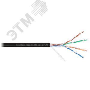 Кабель U/UTP 4 пары, Кат.5e (Класс D), тест по ISO/IEC, 100МГц, одножильный, BC (чистая медь), 24AWG (0,52мм), полиэтилен, внешний, черный, 305м