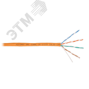 Кабель U/UTP 4 пары, Кат.5e (Класс D), тест по ISO/IEC, 100МГц, одножильный, BC (чистая медь), 24AWG (0,50мм), полимерный материал нг(А)-HF, внутренни