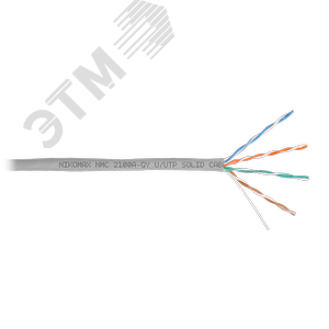 Кабель U/UTP 4 пары, Кат.5e (Класс D), тест по ISO/IEC, 100МГц, одножильный, BC (чистая медь), 24AWG (0,50мм), поливинилхлорид, внутренний, серый, 305