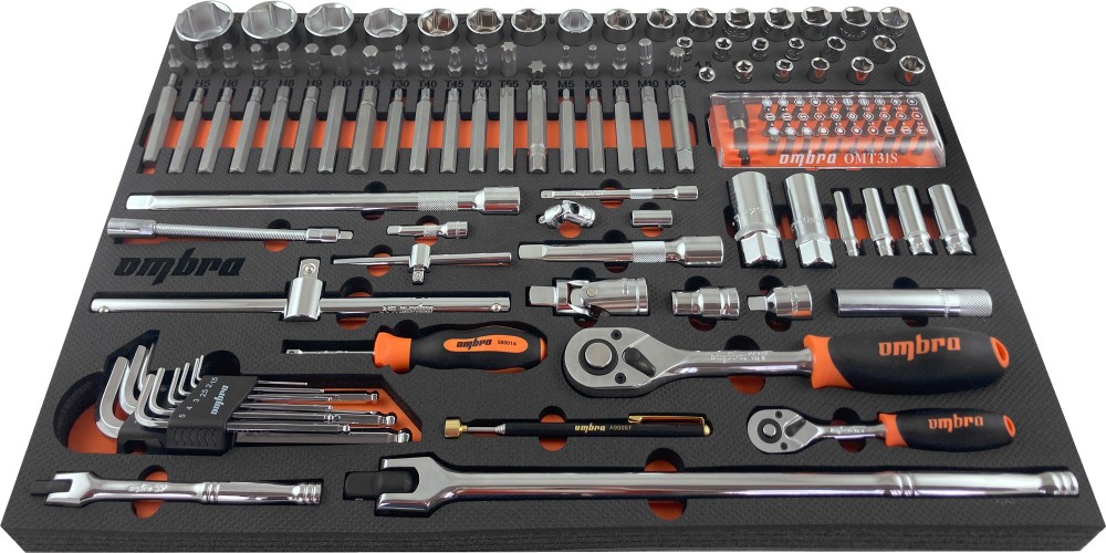 OMT131STE Набор головок торцевых 1/4" 5-13 мм, 1/2" DR 10-32 мм с аксессуарами и вставками-битами в EVA ложементе 560х375 мм, 131 предмет
