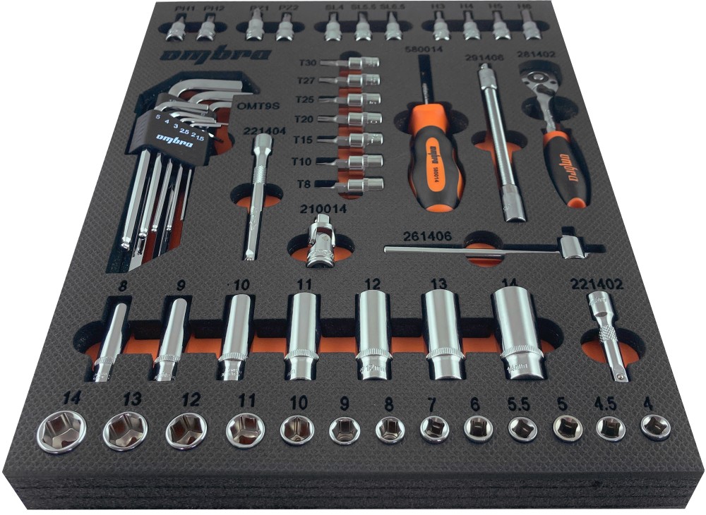 OMT54STE Набор головок торцевых 1/4" DR 4-14 мм с аксессуарами в EVA ложементе 280х375 мм, 54 предмета