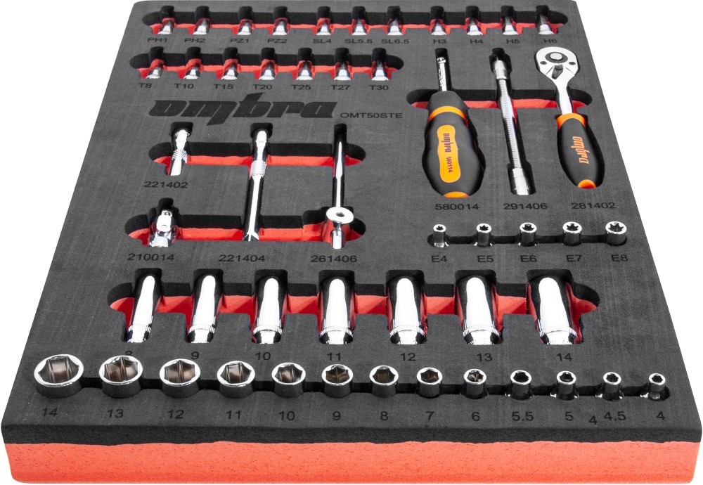 OMT50STE Набор головок торцевых 1/4" DR 4-14 мм, внешний TORX® Е4-Е8 с аксессуарами в EVA ложементе 280х375 мм, 50 предметов