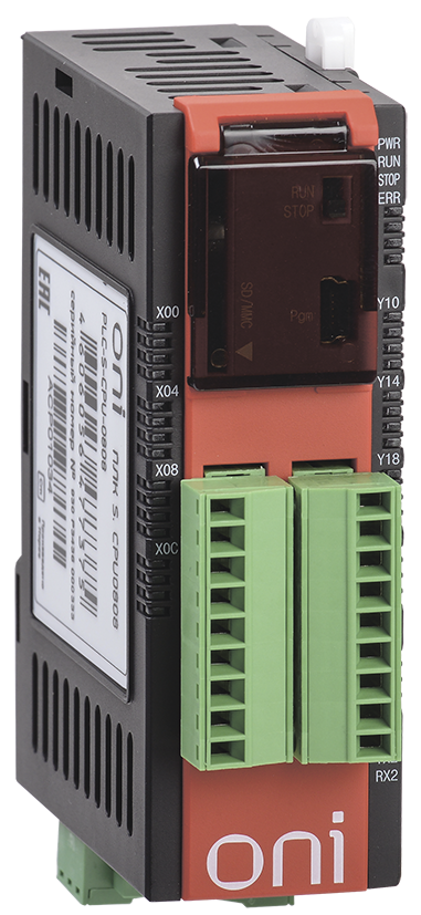 Модуль ЦПУ со встроенными 8 дискретными входами (Sink/Source) и 8 дискретными выходами (реле). Интерфейс RS232. Напряжение питания 24В DC ONI