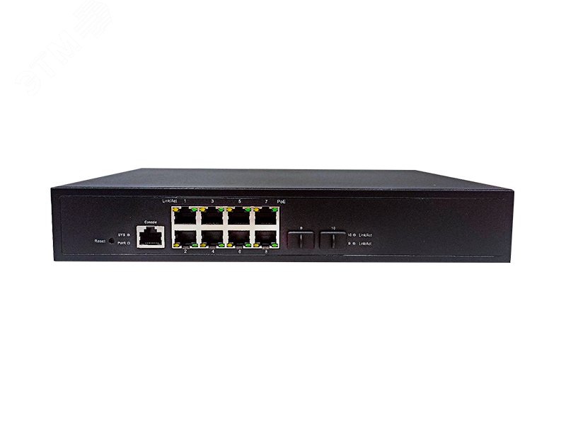 Коммутатор управляемый L2, PoE, 8 портовый 10/100/1000 Мбит/с RJ-45, 2xSFP, 120 Вт