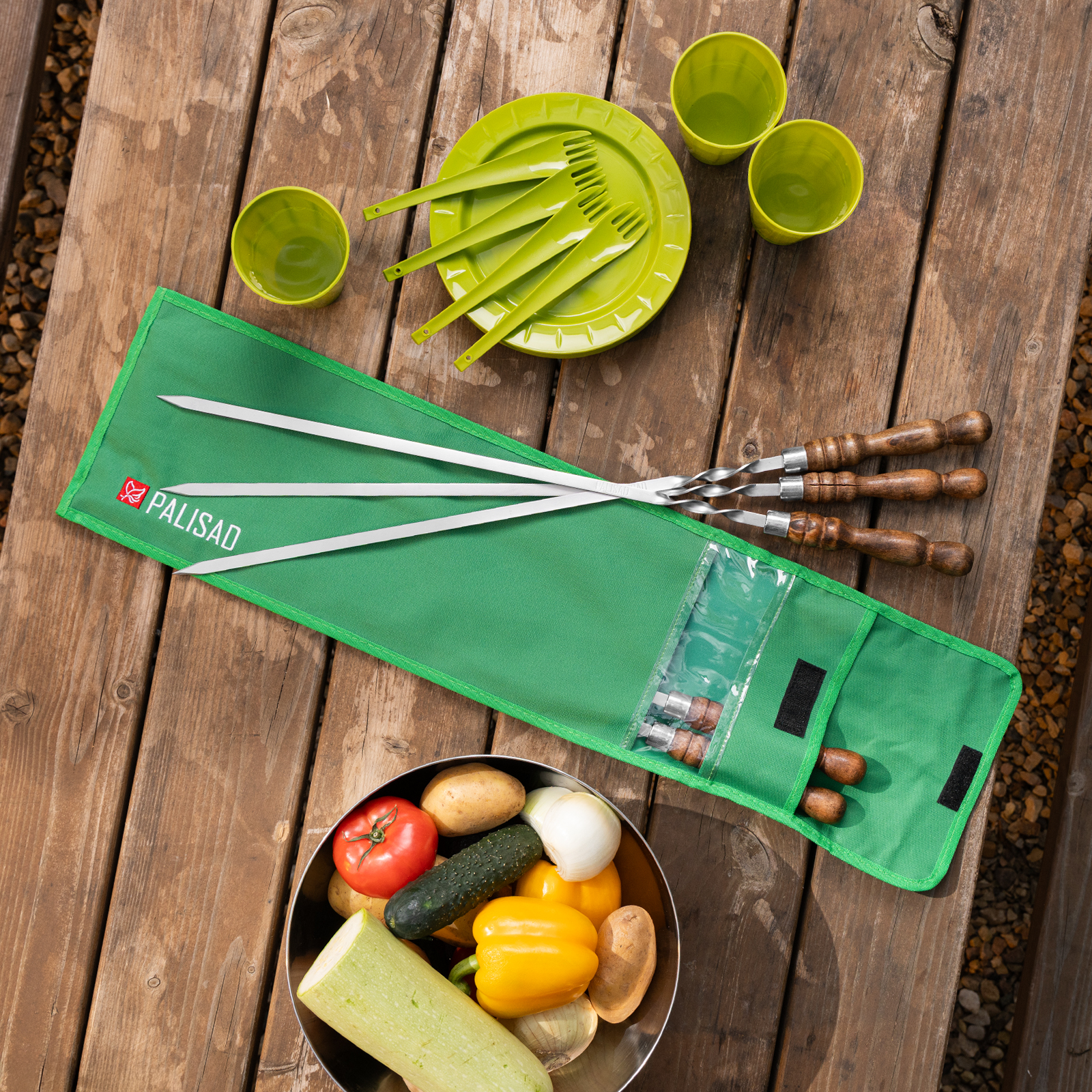 Набор шампуров плоских, 650 мм, с деревянной рукояткой, в чехле, 6 шт., Camping// Palisad