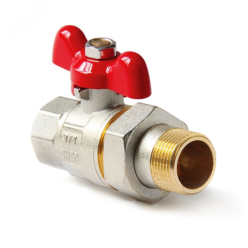 Кран шаровой полнопроходной со сгоном, ручка-бабочка (белая), НВ 1/2