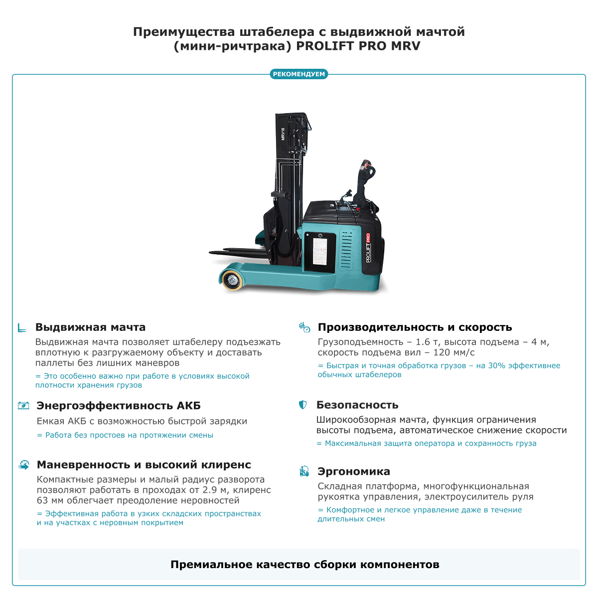 Штабелер с выдвижной мачтой (мини-ричтрак) PROLIFT PRO MRV1640 li-ion