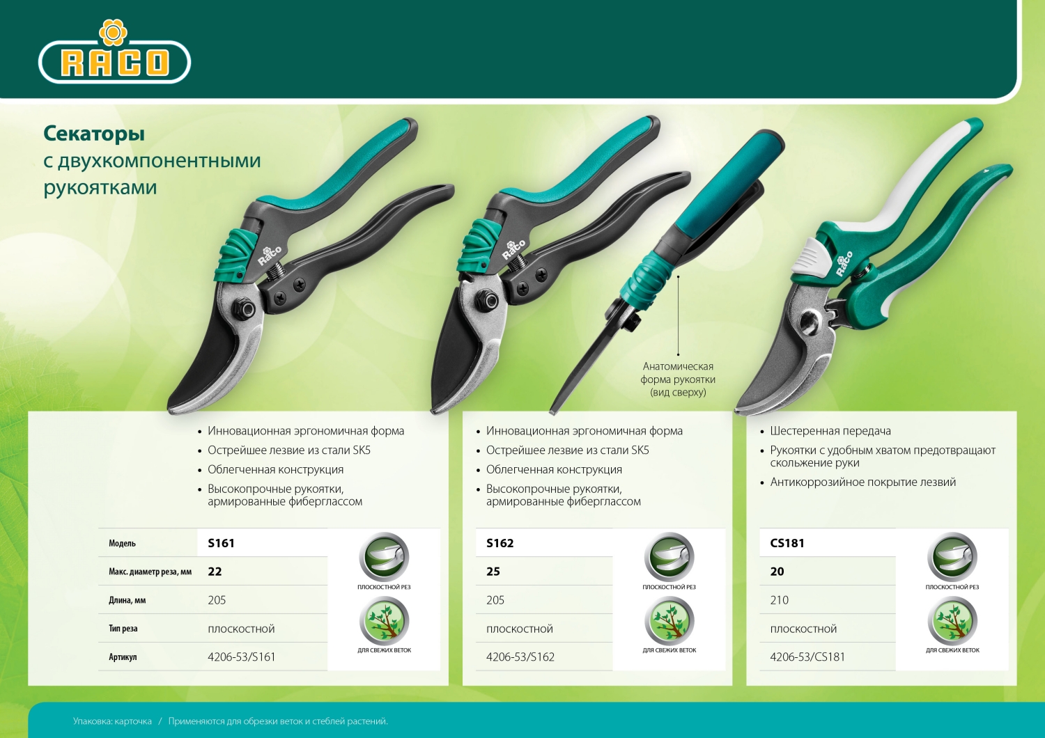 RACO S162, 205 мм, закаленная сталь, с двухкомпонентными рукоятками армированными фиберглассом, плоскостной секатор (4206-53/S162)