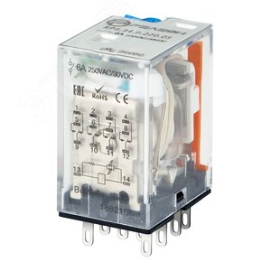 Промежуточное реле, 4 перекидных контакта 6А, 220В (DC), блокируемая кнопка проверки, светодиод