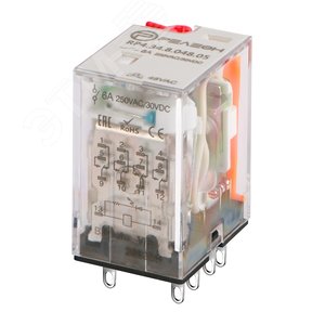 Промежуточное реле, 4 перекидных контакта 6А (24В AC) блокируемая кнопка проверки, светодиод