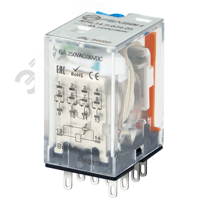 Промежуточное реле, 4 перекидных контакта 6А, 24В (DC), блокируемая кнопка проверки, светодиод