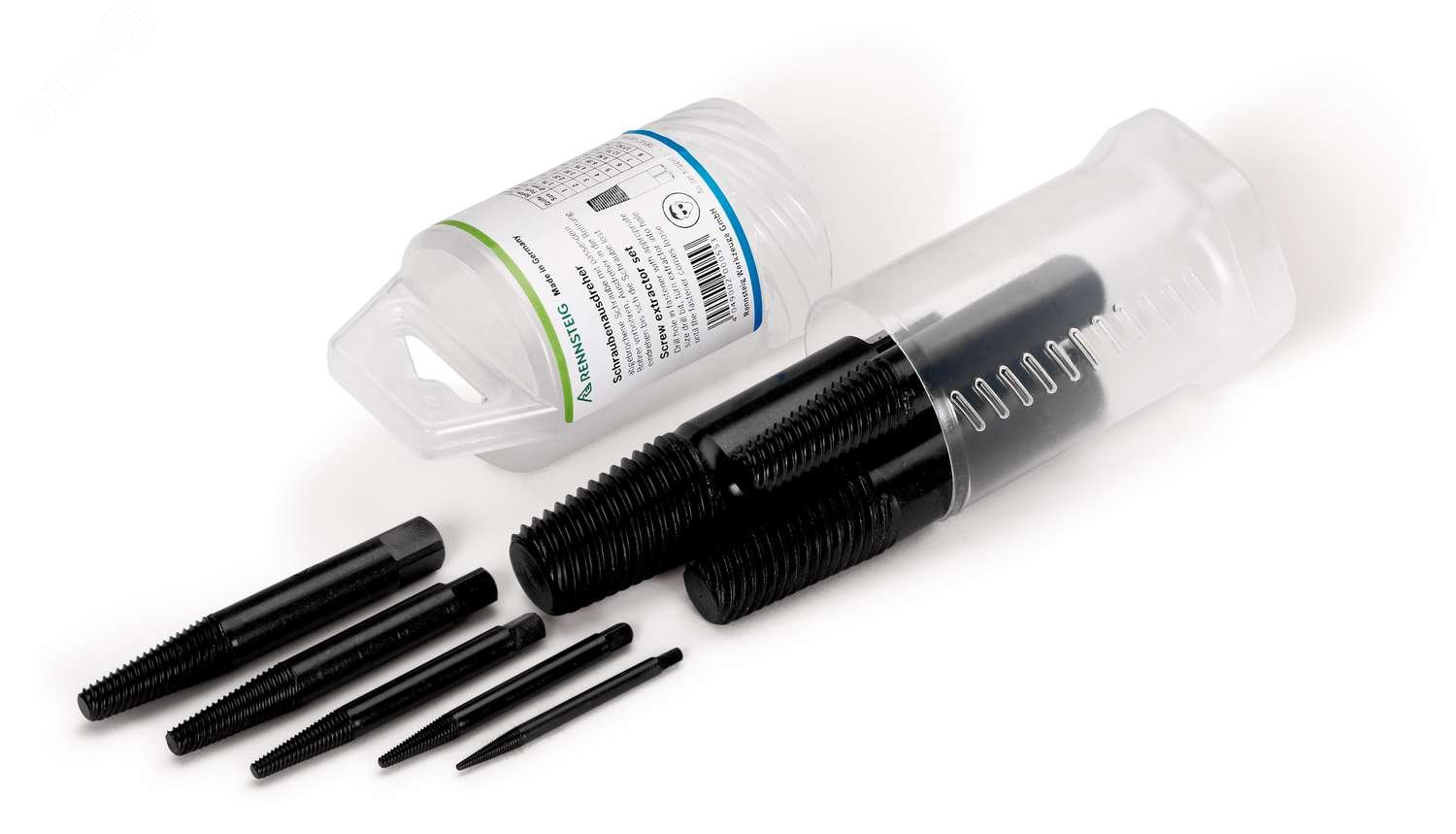 Набор экстракторов спиральных, 8 предметов, N1/2/3/4/5/6/7/8, M3 - M45, пластиковый цилиндрический кейс, для правой резьбы