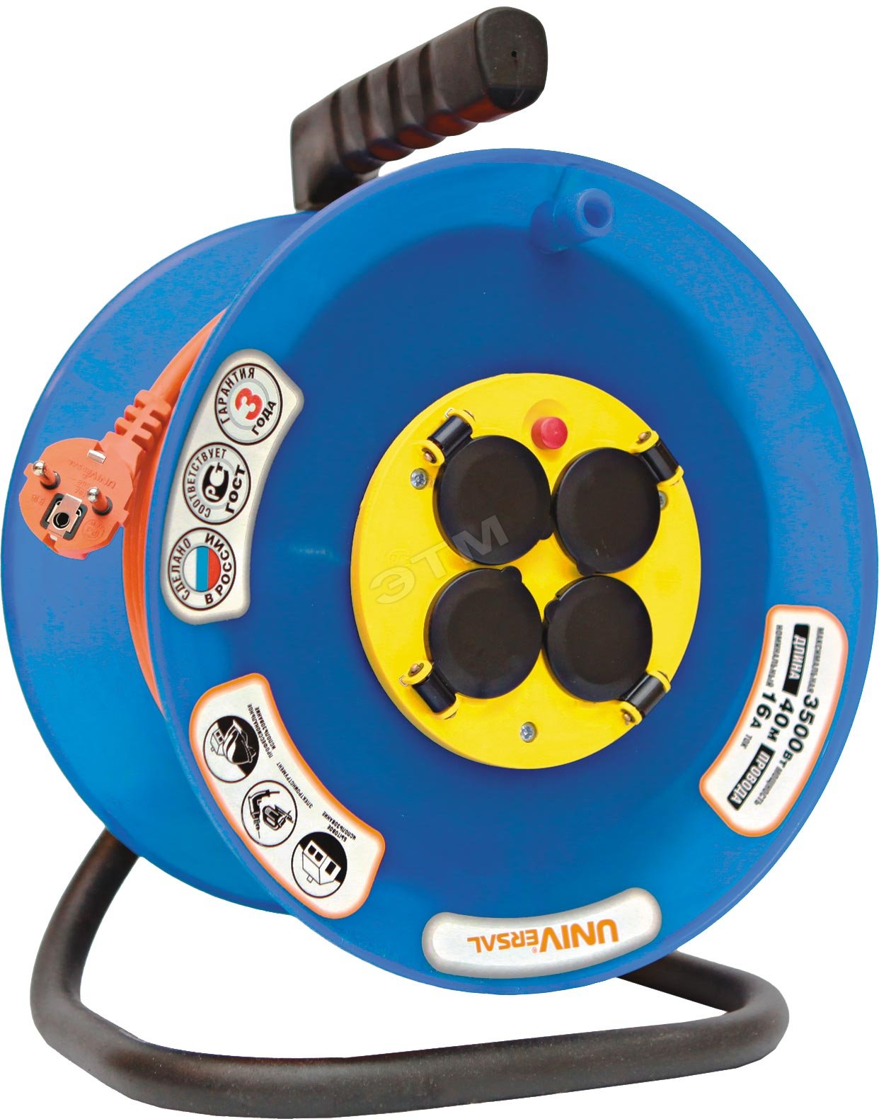 Удлинитель на катушке, степень защиты IP-44, с заземлением ПВС (3х1,5), 30м.