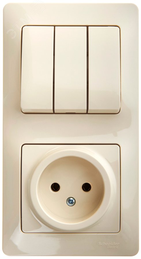 Блок: розетка + выключатель трехклавишный бежевый