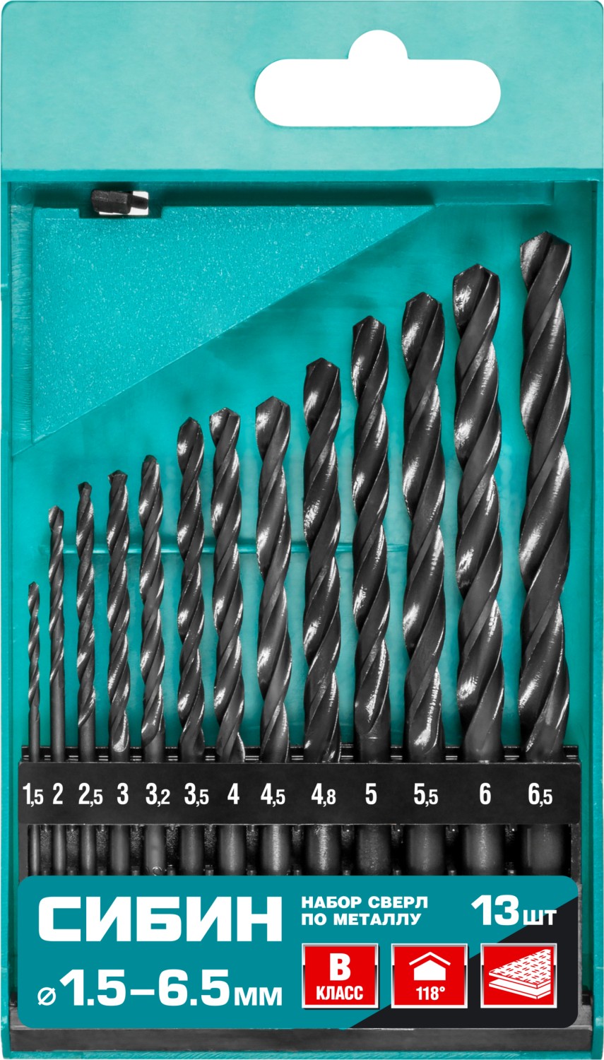 СИБИН 13 шт, (1.5-6.5 мм), быстрорежущая сталь, класс В, набор сверл по металлу (29610-H13)