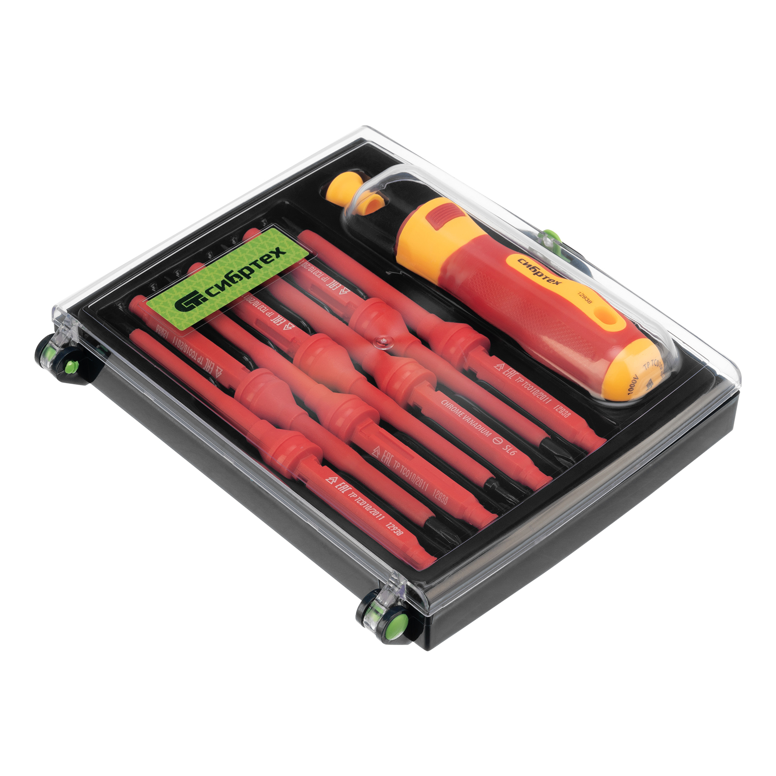 Отвертка со сменными жалами, диэлектрическая до 1000 В, 9 предметов, CrV Сибртех