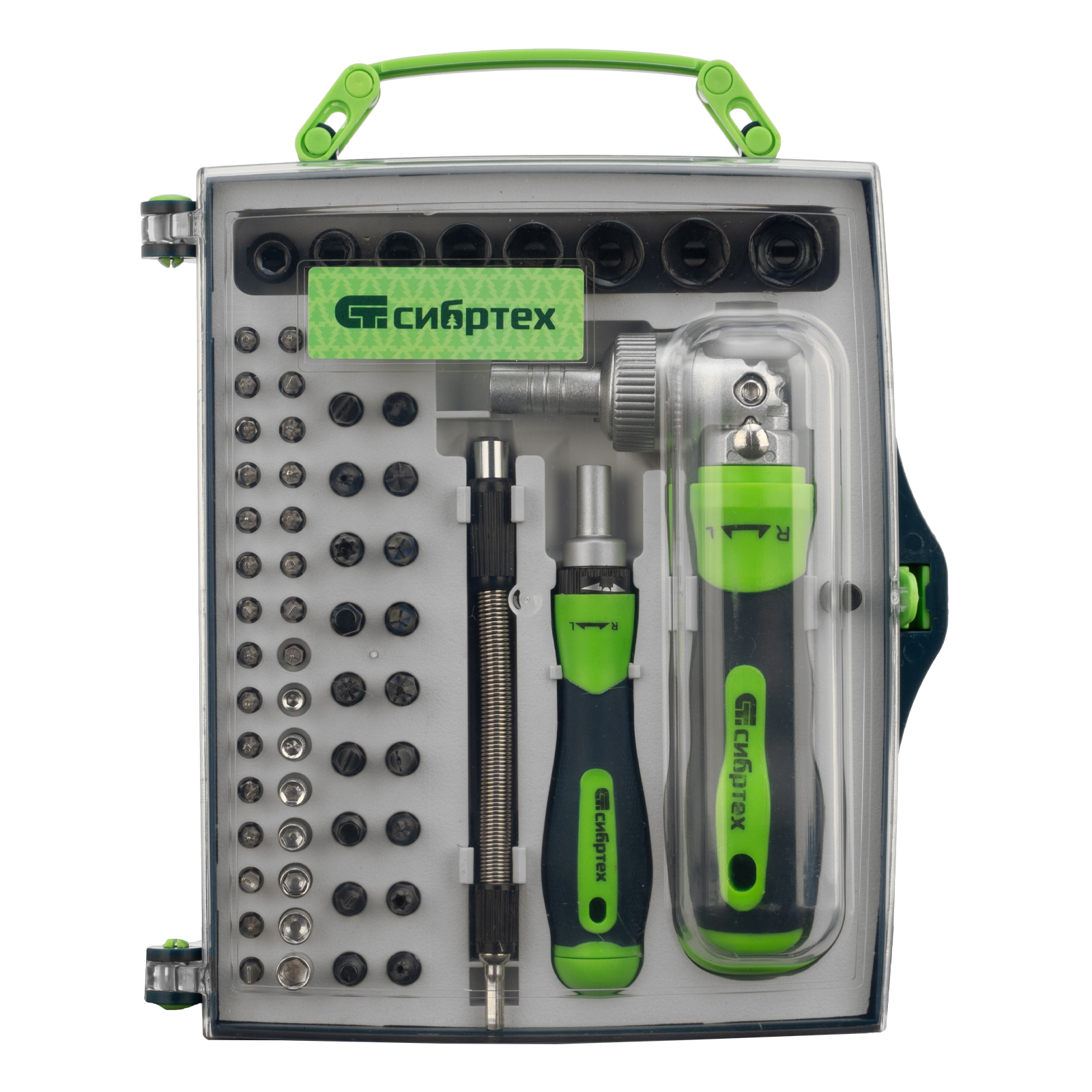 Отвертки реверсивные с набором бит, торцевых головок, 61 предмет, CrV Сибртех