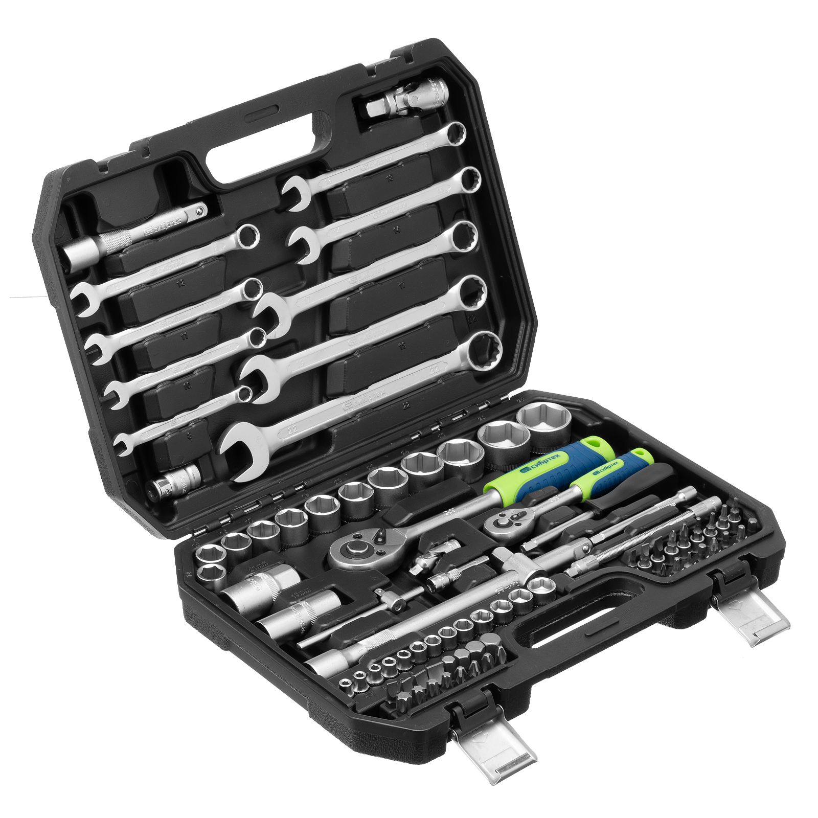 Набор инструментов, 1/2", 1/4", пластиковый кейс, 82 предмета Сибртех