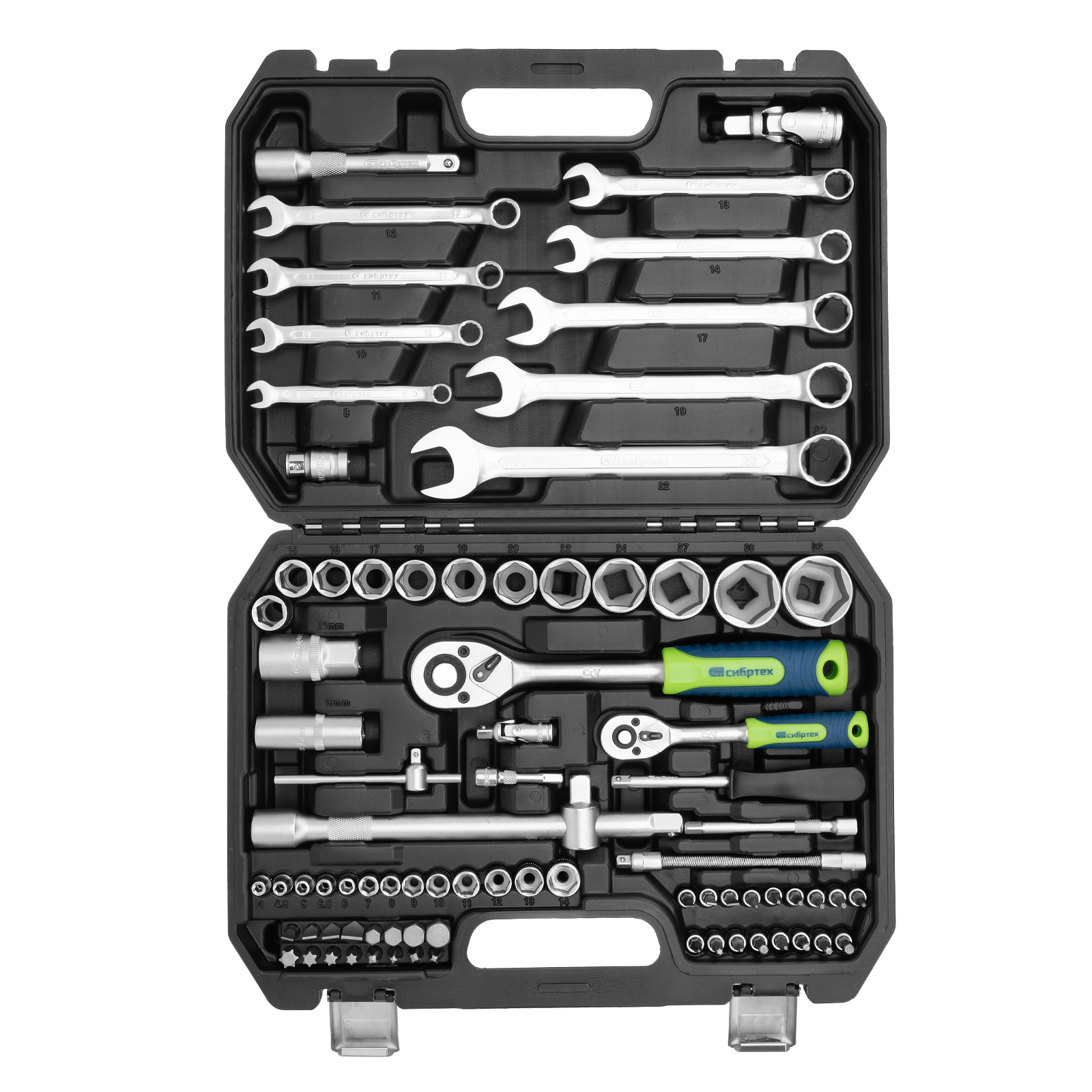 Набор инструментов, 1/2", 1/4", пластиковый кейс, 82 предмета Сибртех