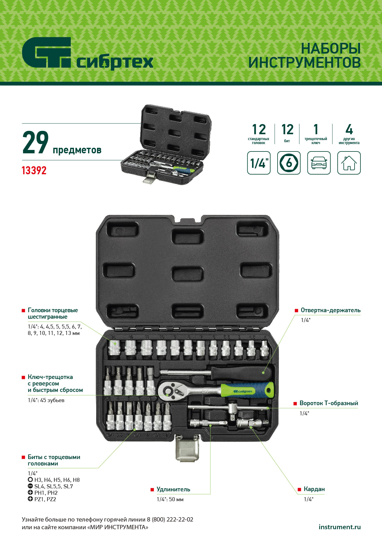 Набор инструментов, 1/4", пластиковый кейс, 29 предметов Сибртех