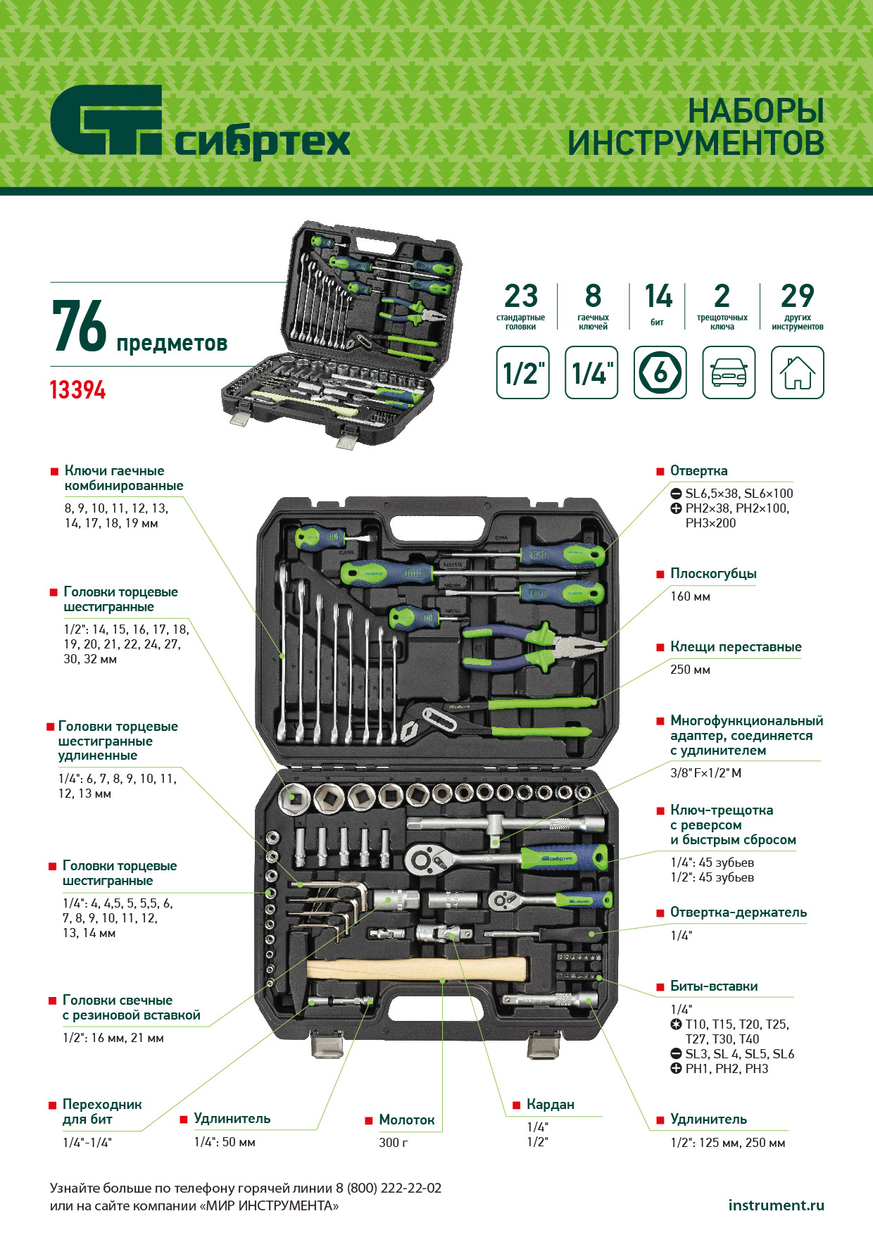 Набор инструментов, 1/2", 1/4", пластиковый кейс 76 предметов Сибртех