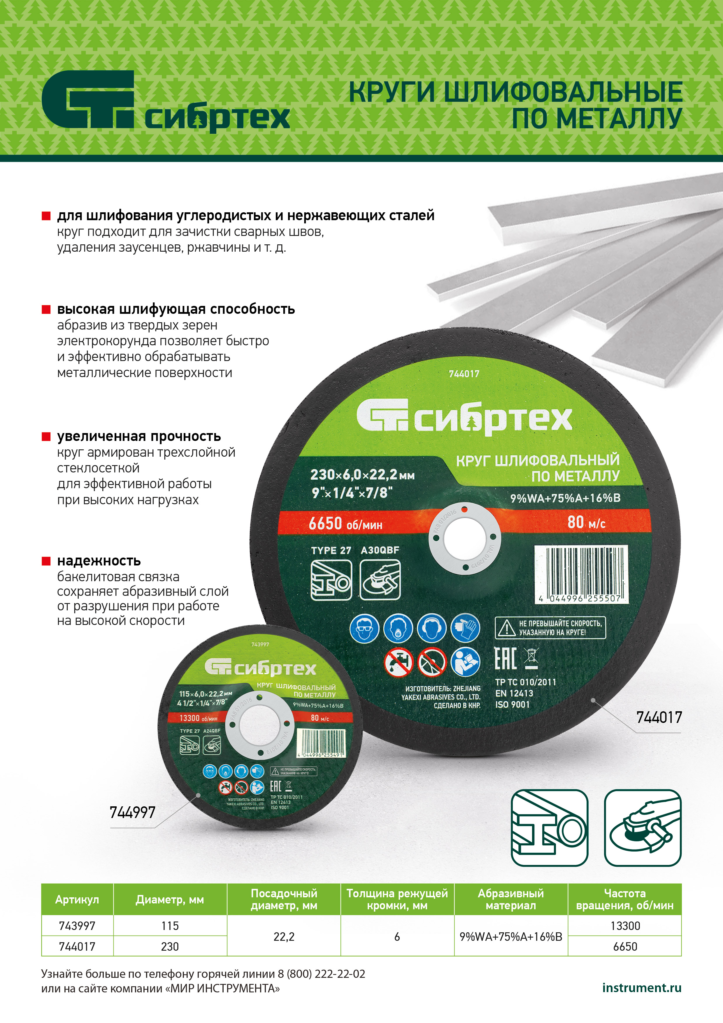 Круг шлифовальный по металлу, 230 х 6,0 х 22,2 мм, 9%WA+75%A+16%B// Сибртех